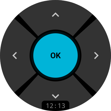 Smartwatch TV remote app — D-pad navigation screen on WearOS watch with directional controls