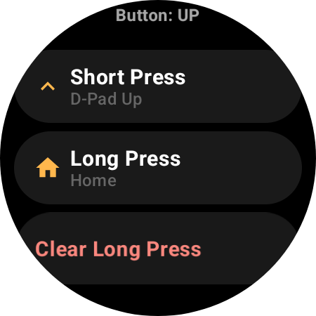 Smartwatch TV remote button remap configuration showing short press and long press actions