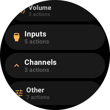 Smartwatch TV remote action categories: Inputs, Channels, Other