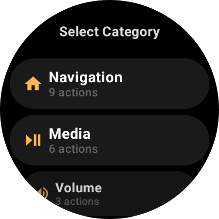 Smartwatch TV remote action categories: Navigation, Media, Volume