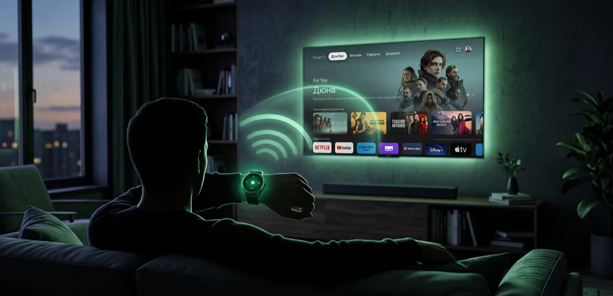 Man on a sofa controlling a Google TV from his smartwatch — the watch glows green with a D-pad remote